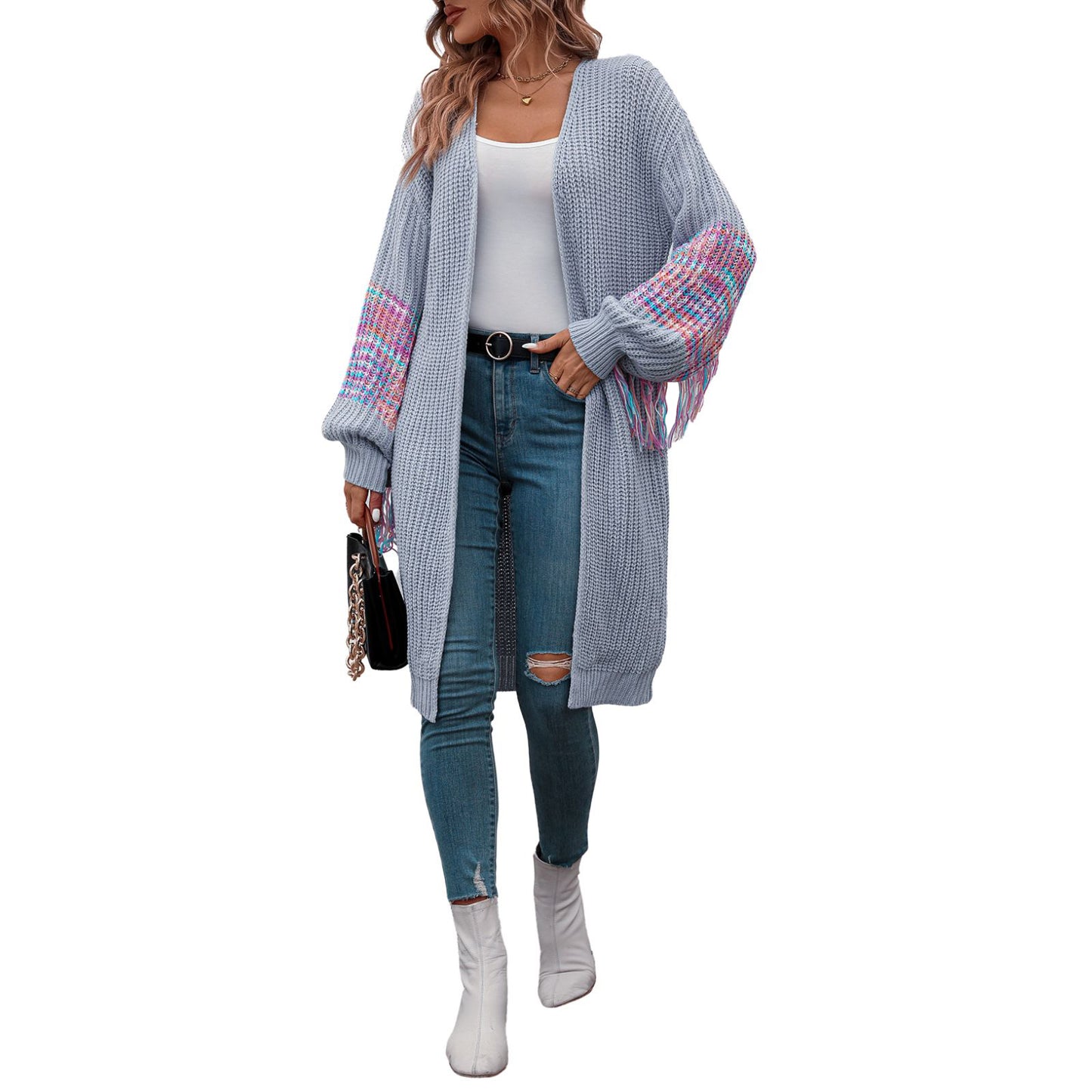 Multicolor Knit Tassel Cardigan Sweater