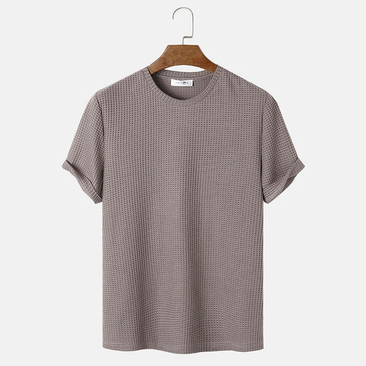 Men's Waffle Knit Solid Color Round Neck Shirt