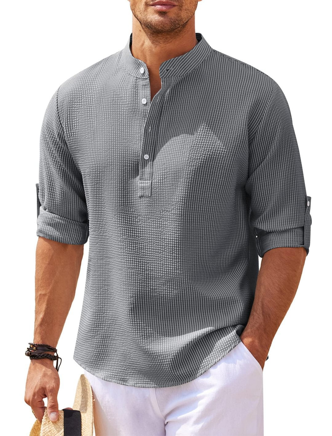 Men's Casual Waffle Knit Linen Quarter Sleeve Shirt