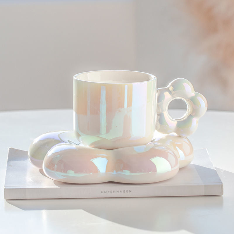 Pearlescent Ceramic Bubble Flower Coffee Cup And Saucer Set