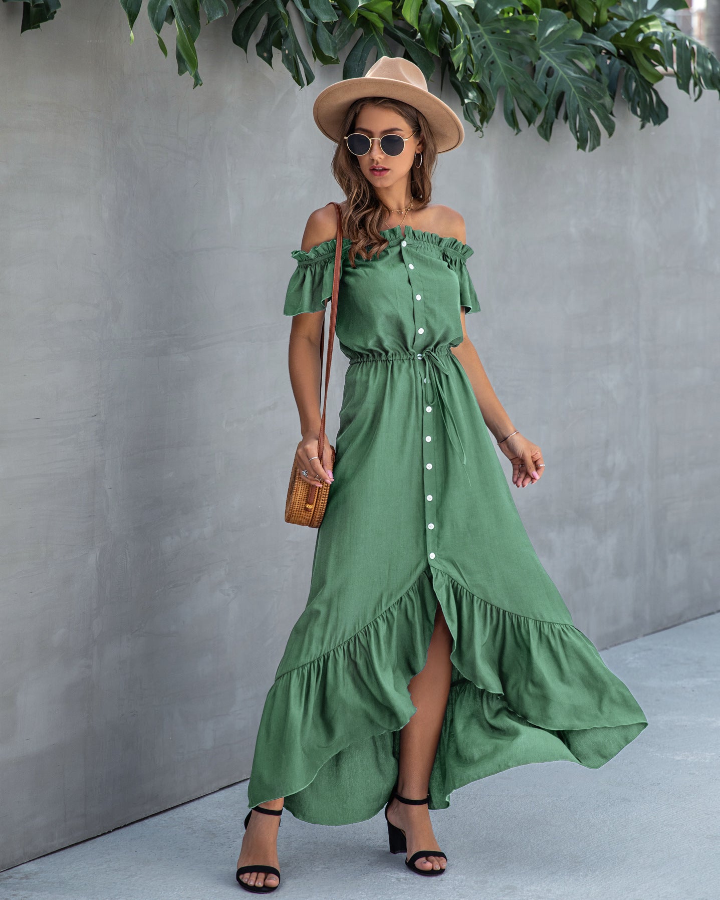 Off the Shoulder Button Down Flutter Dress