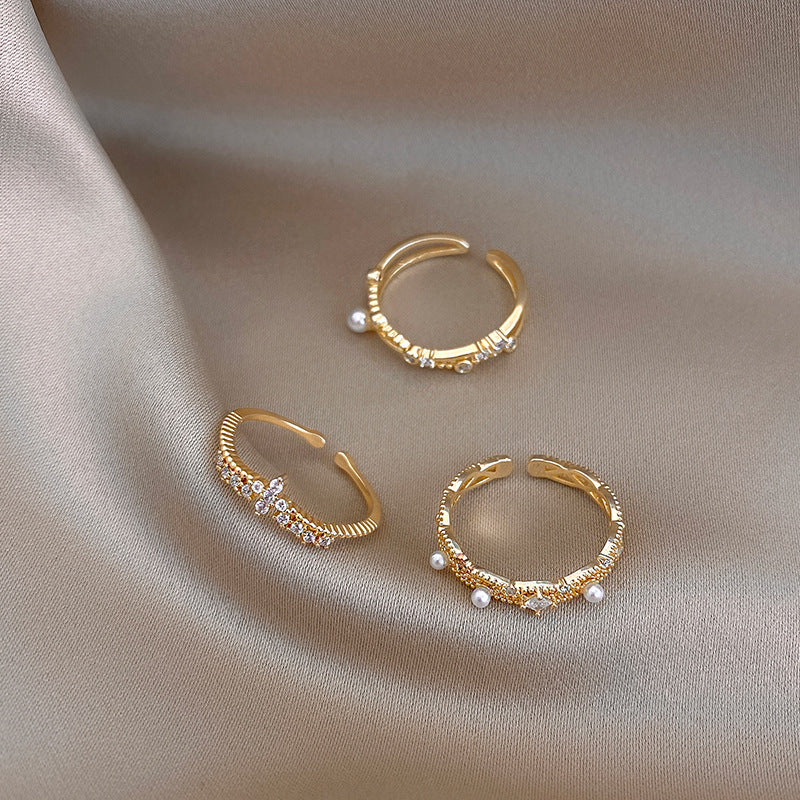 3 Piece Dainty Pearl and Rhinestone Ring Set