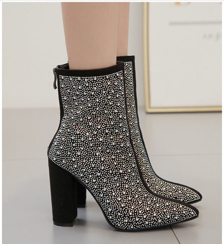 Black Rhinestone Block Heel Boots