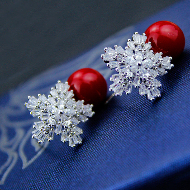 Diamomd Snowflake Pearl Stud Earrings