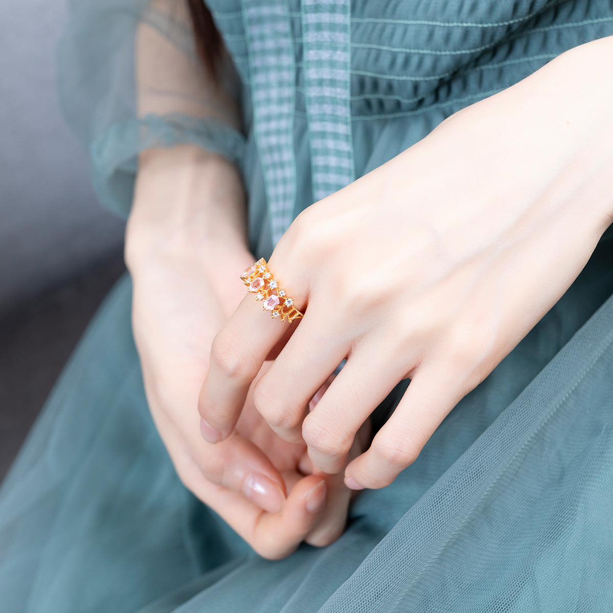 Golden Pronged Pink and Clear Diamond Ring