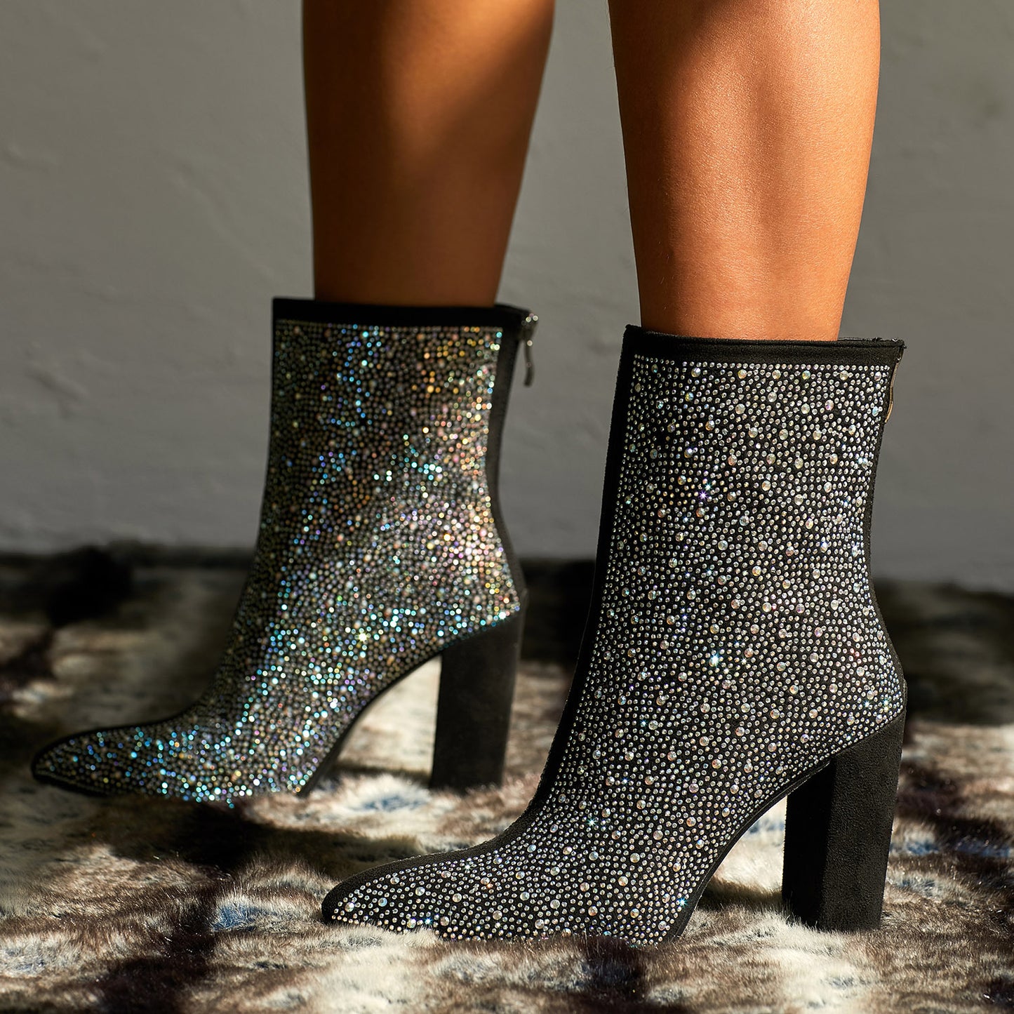 Black Rhinestone Block Heel Boots