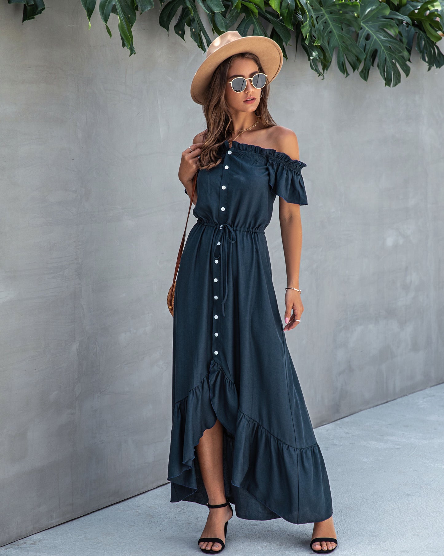 Off the Shoulder Button Down Flutter Dress