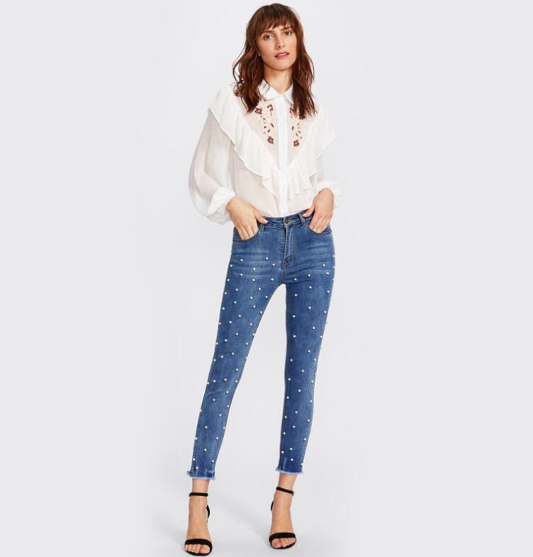 Pearl Beaded High Waist Medium Wash Skinny Jeans