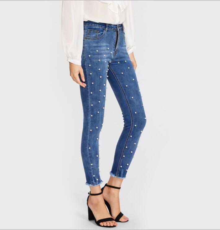 Pearl Beaded High Waist Medium Wash Skinny Jeans