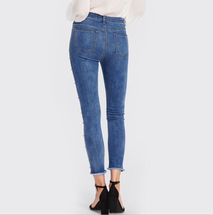 Pearl Beaded High Waist Medium Wash Skinny Jeans