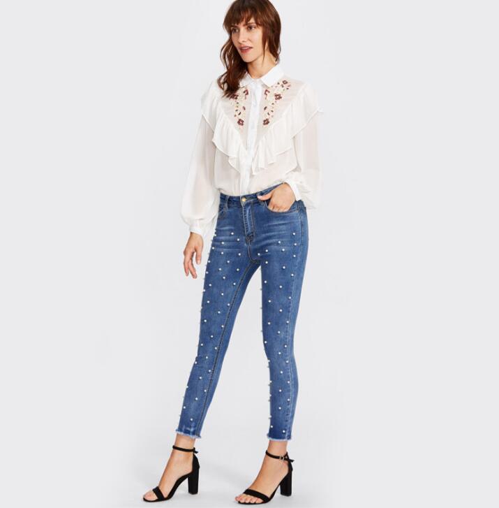 Pearl Beaded High Waist Medium Wash Skinny Jeans