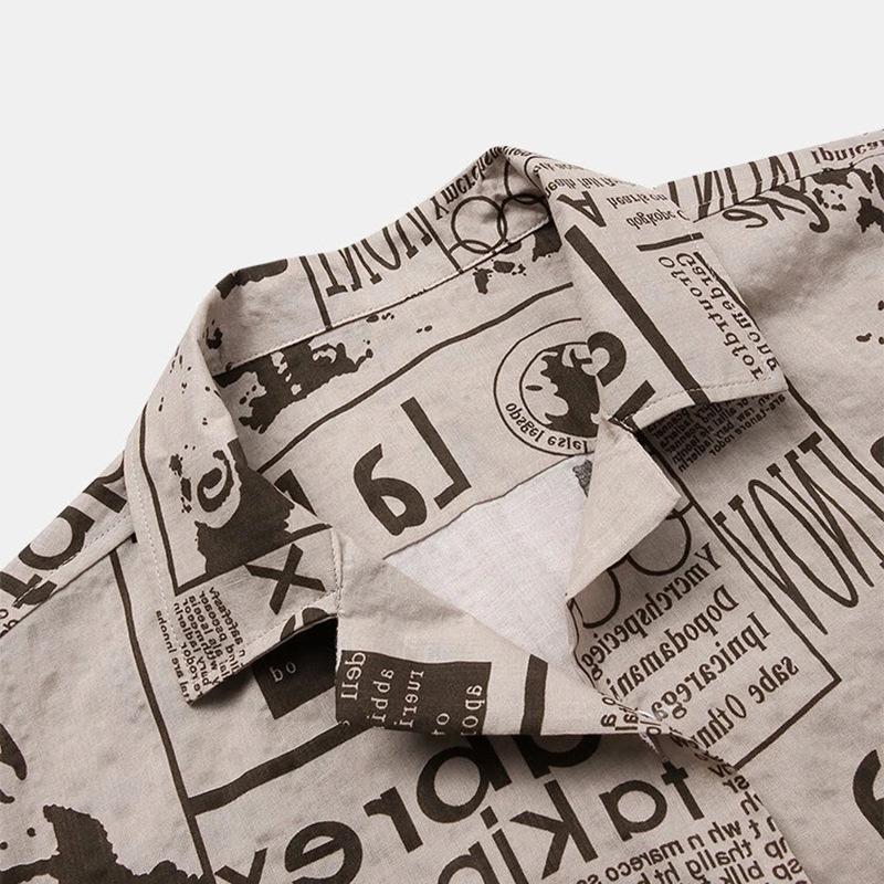 Men's Vintage Newspaper Print Button Shirt