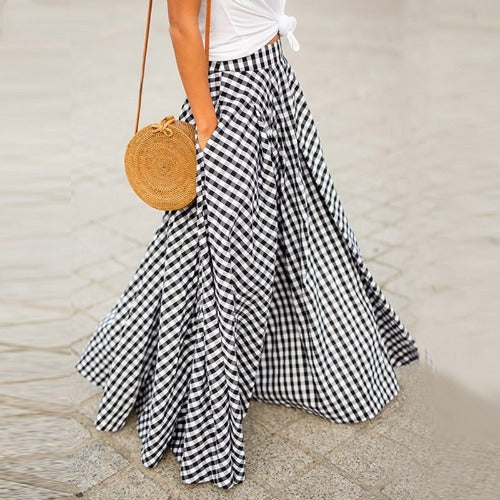 Pleated Gingham Maxi Skirt