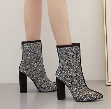 Black Rhinestone Block Heel Boots