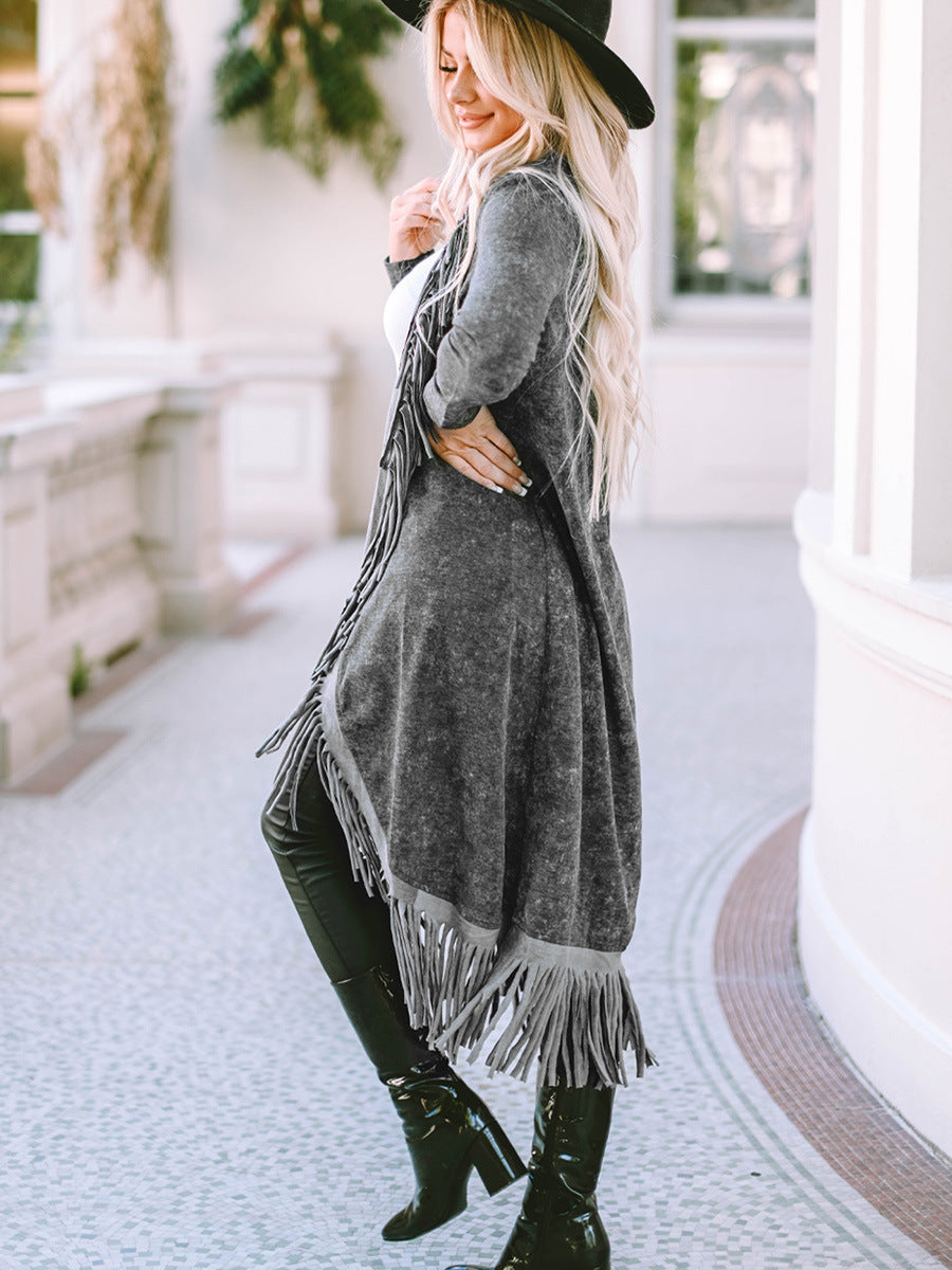 Vintage Wash Fringe Long Cardigan