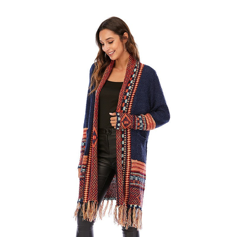 Multicolor Aztec Tassel Knit Cardigan