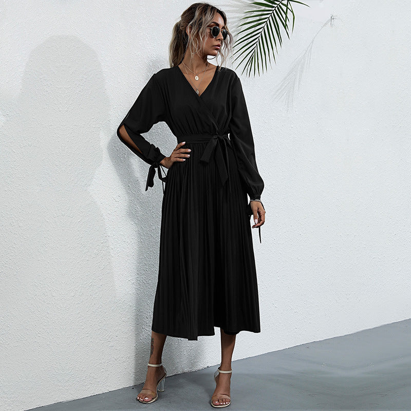 Long Sleeve Pleated Wrap Dress