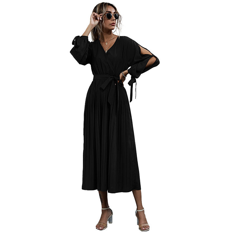 Long Sleeve Pleated Wrap Dress