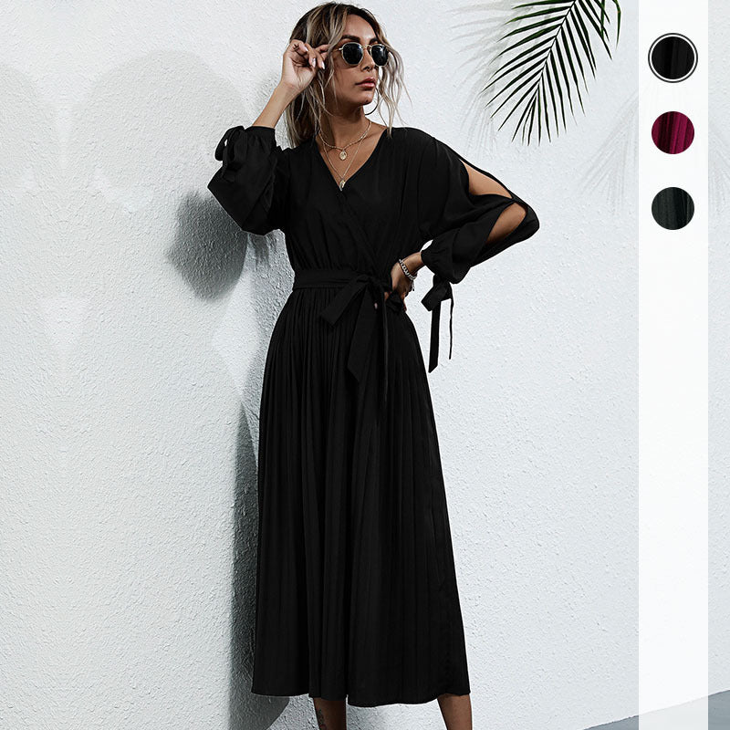 Long Sleeve Pleated Wrap Dress