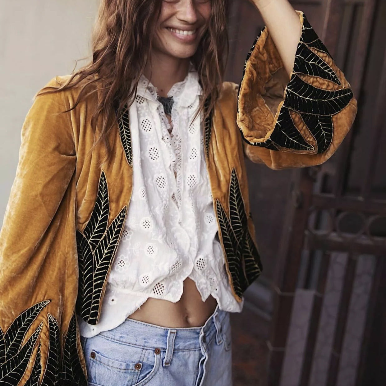 Velvet Leaf Bell Sleeve Crop Jacket