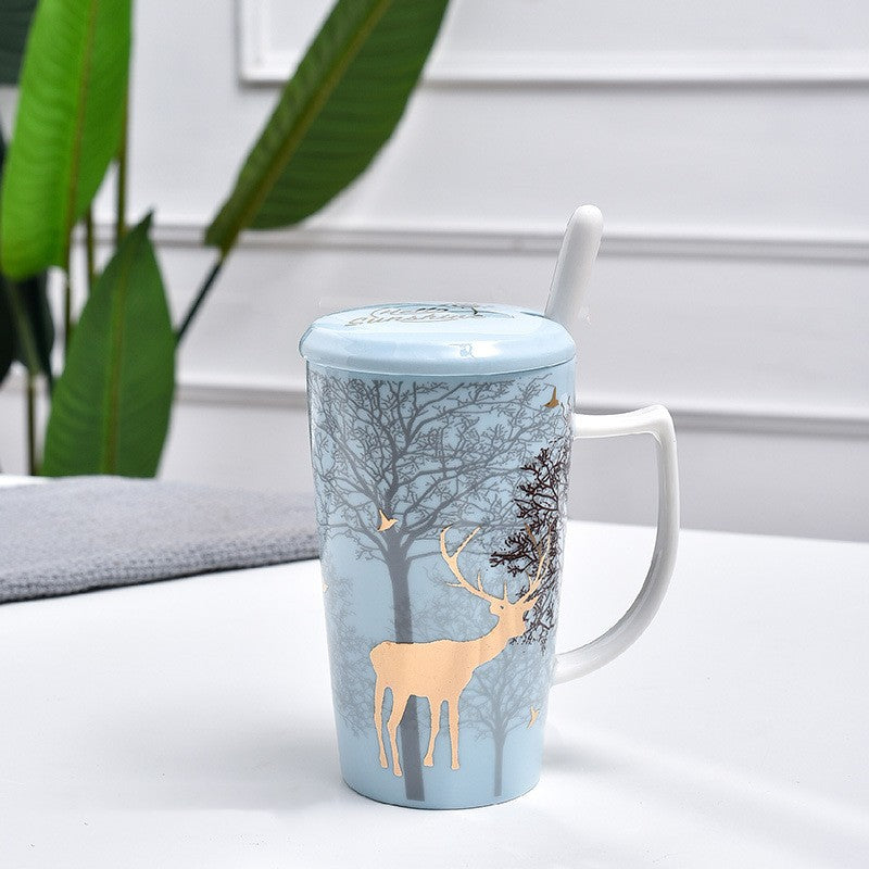 Nordic Ceramic Golden Deer Coffee Cup with Lid and Spoon