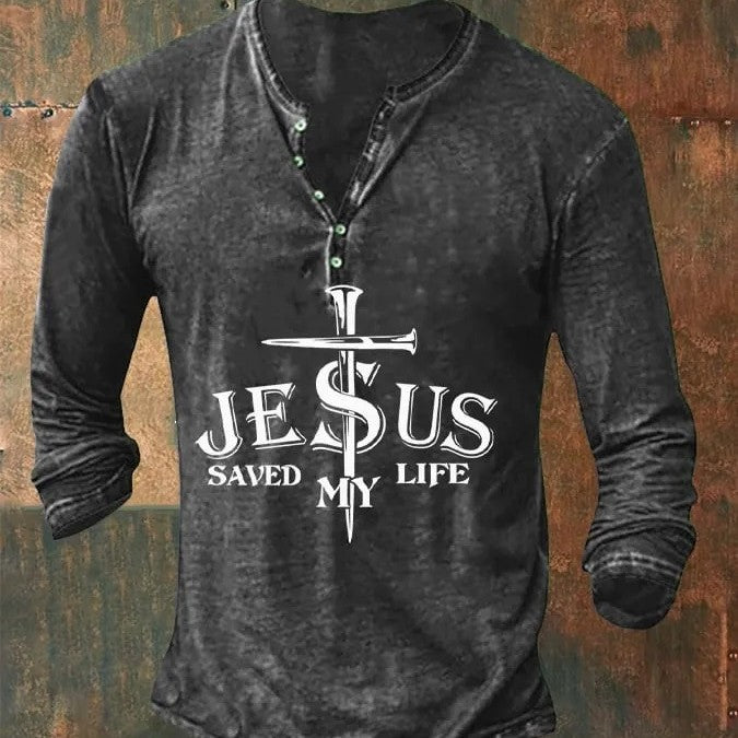 Long Sleeve Casual Shirt -Jesus Saved My Life/Man of Faith/Nail Cross/Armor of God/Faith/1776 American Flag