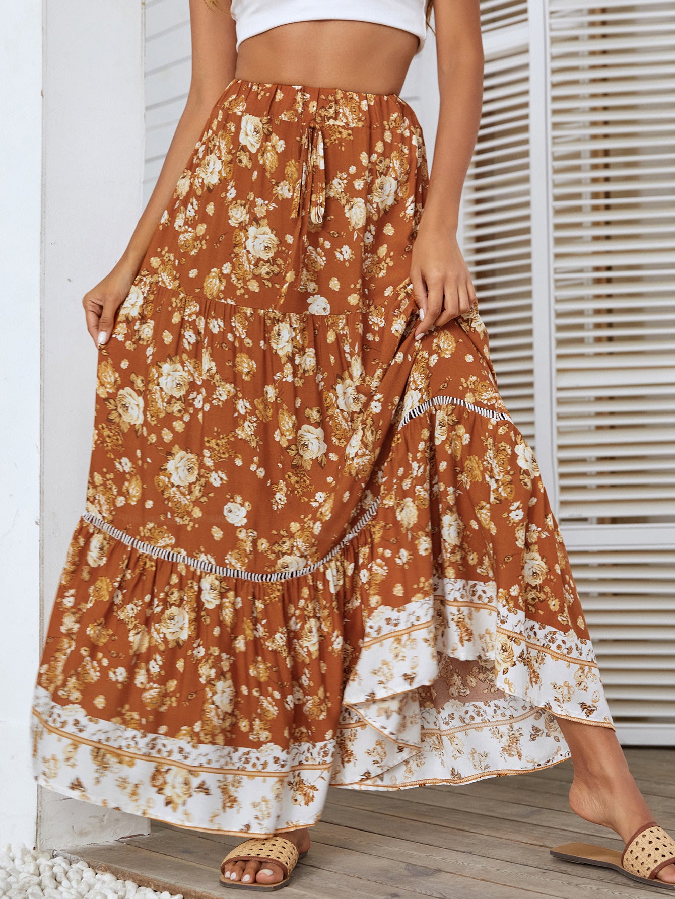 Bohemian Floral Ruffle Pleated Maxi Skirt