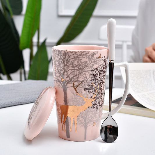 Nordic Ceramic Golden Deer Coffee Cup with Lid and Spoon