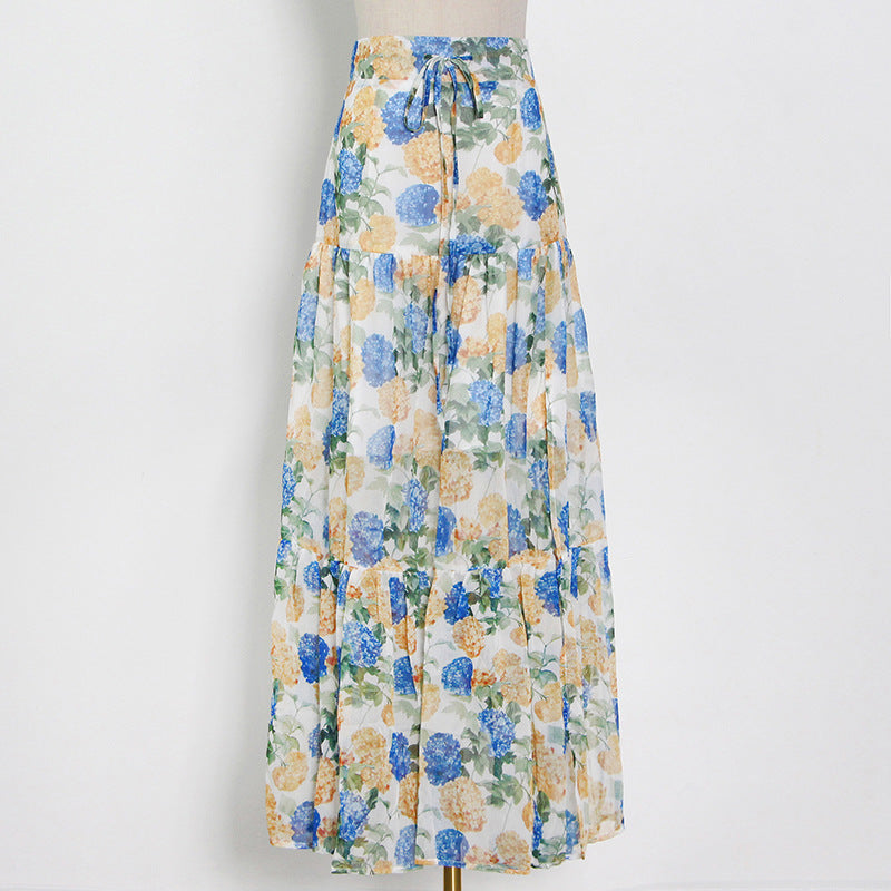 2 Piece Hydrangea Asymmetrical Bell Sleeve Top and High Waisted Split Skirt