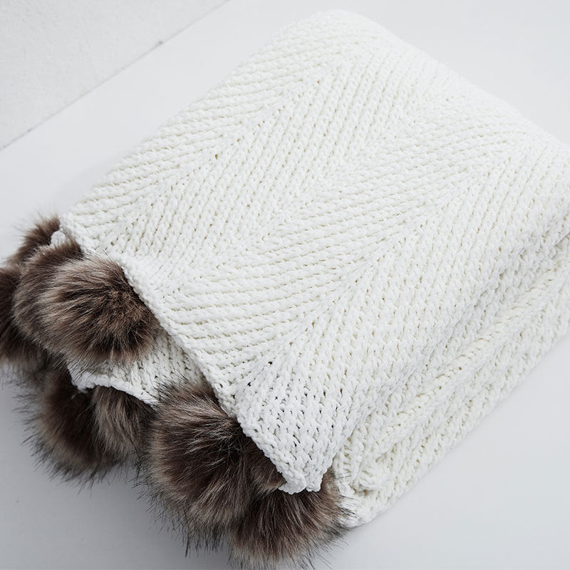 Fur PopPom Knit Blanket