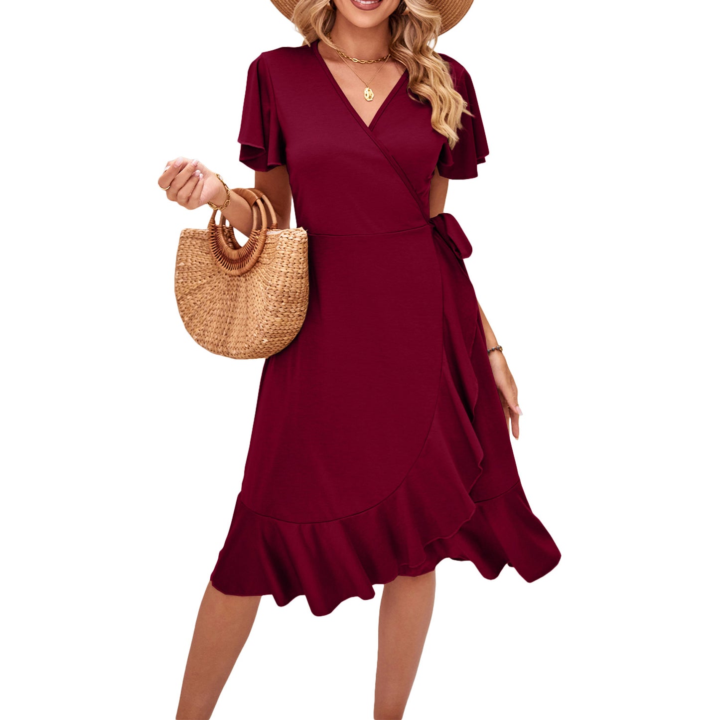 Flutter Sleeve Ruffle Hem Wrap Dress