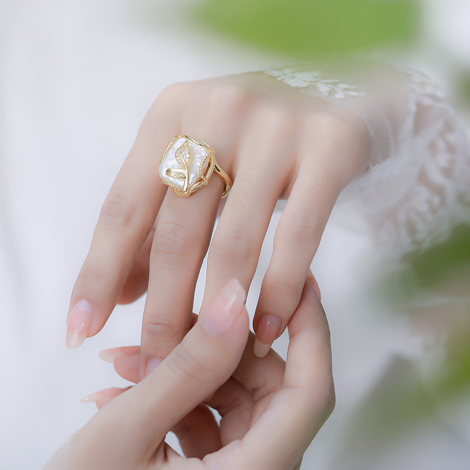 Pearl and Rhinestone Leaf Ring