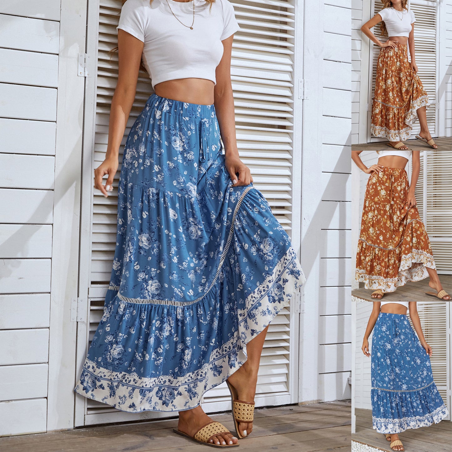 Bohemian Floral Ruffle Pleated Maxi Skirt