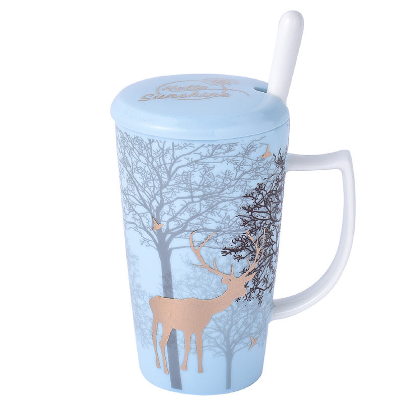 Nordic Ceramic Golden Deer Coffee Cup with Lid and Spoon