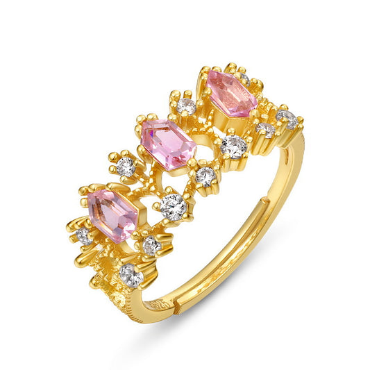 Golden Pronged Pink and Clear Diamond Ring