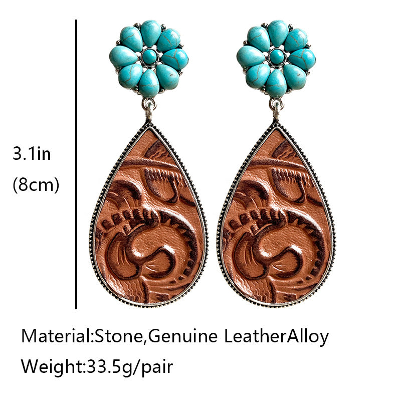 Turquoise Stone and Embossed Leather Teardrop Earrings