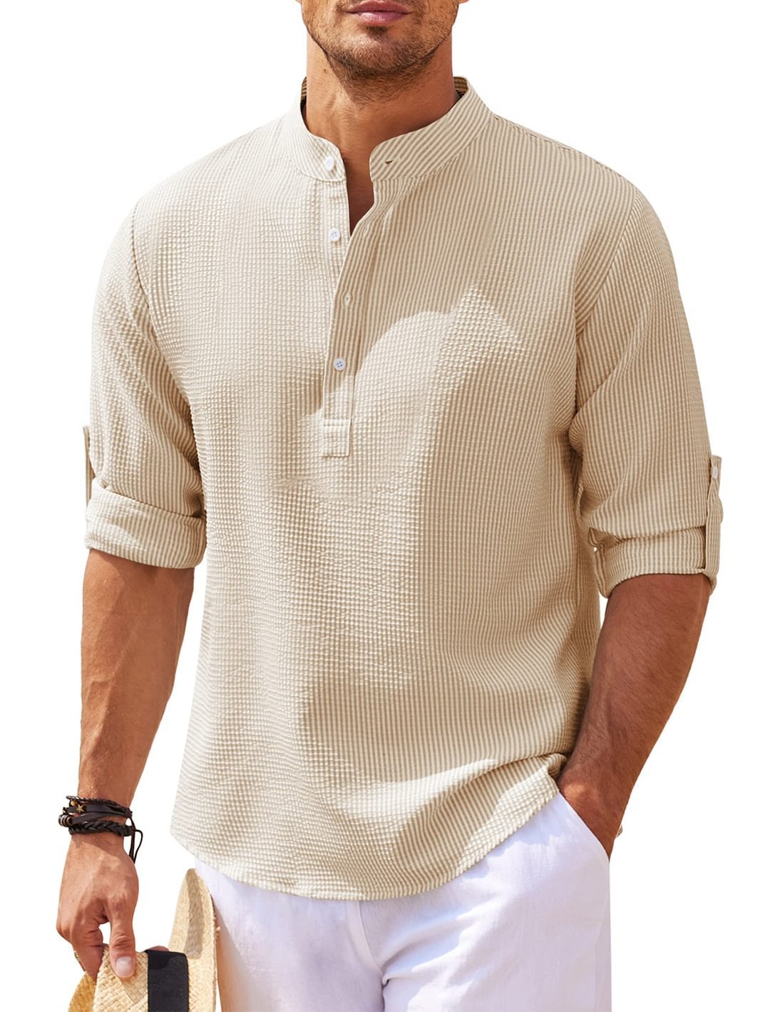 Men's Casual Waffle Knit Linen Quarter Sleeve Shirt