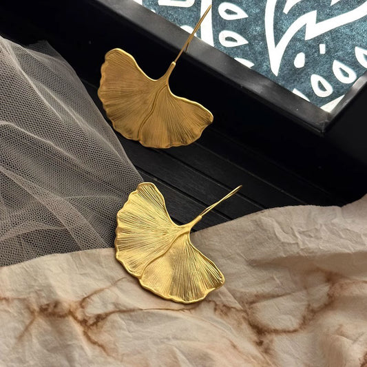 Golden Ginkgo Leaf Hook Earrings