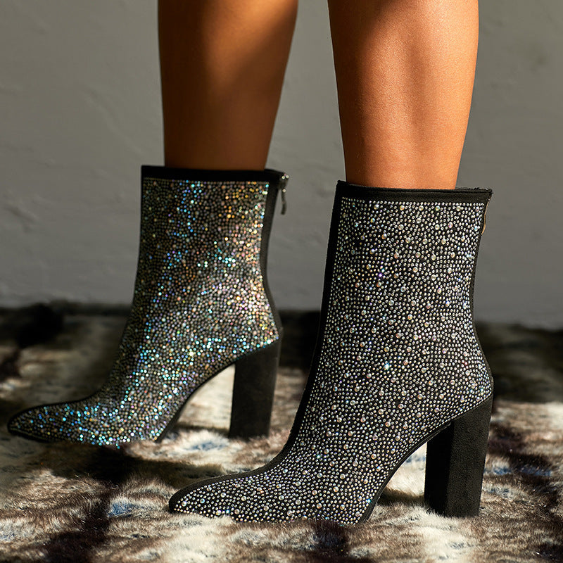 Black Rhinestone Block Heel Boots