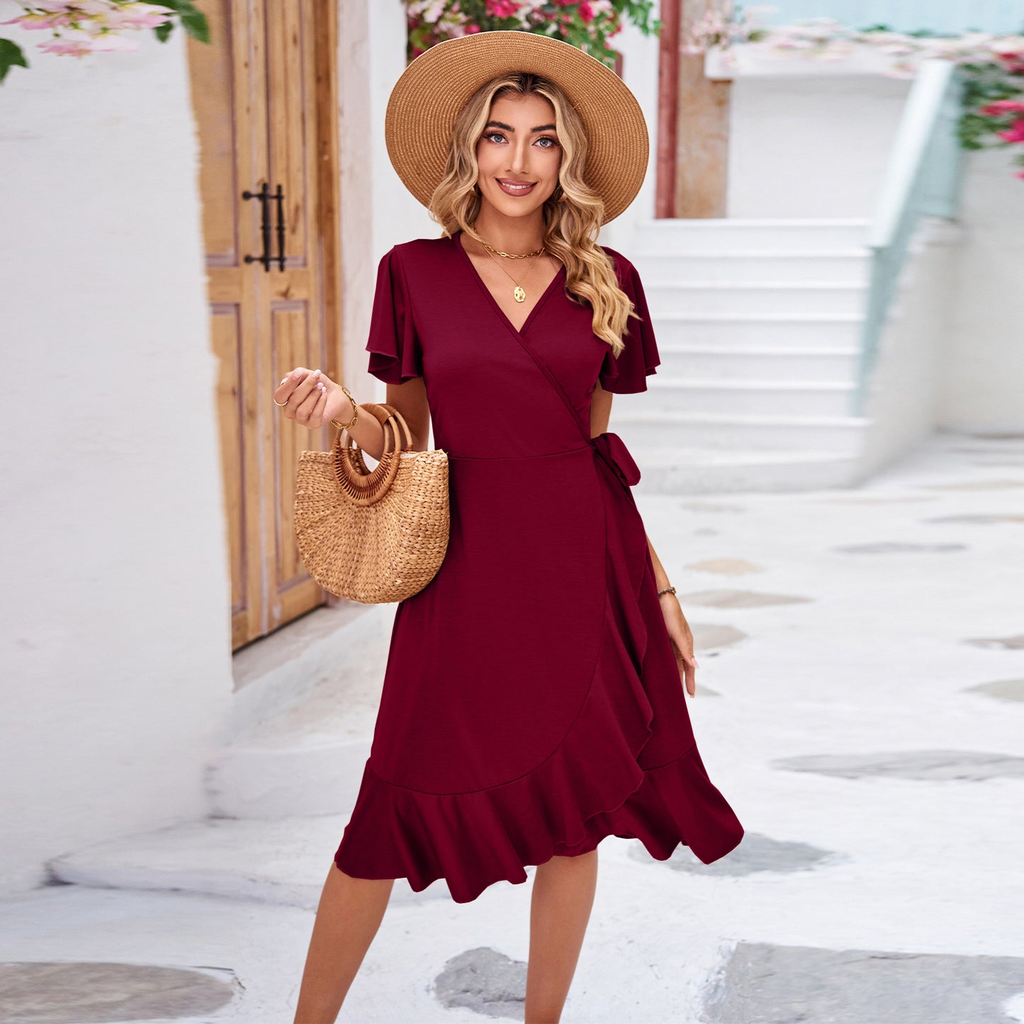 Flutter Sleeve Ruffle Hem Wrap Dress