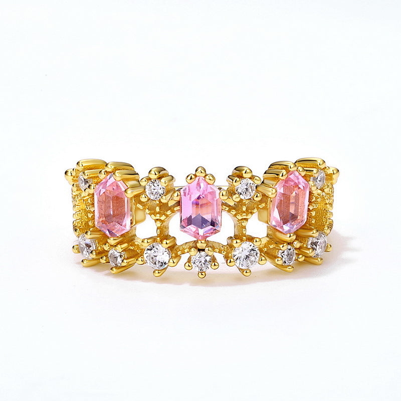 Golden Pronged Pink and Clear Diamond Ring