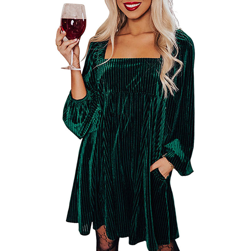 Velvet A-Line Empire Waist Long Sleeve Dress