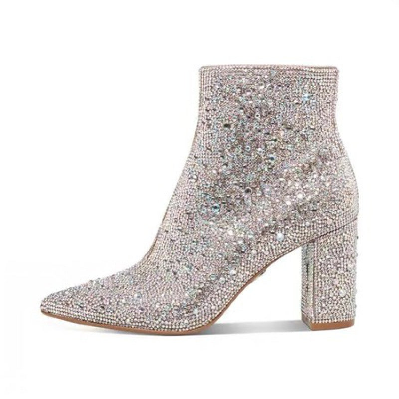 Pointed Toe Rhinestone Block Heel Boot