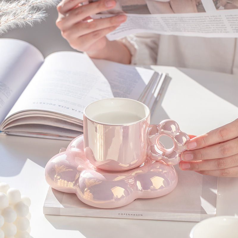 Pearlescent Ceramic Bubble Flower Coffee Cup And Saucer Set