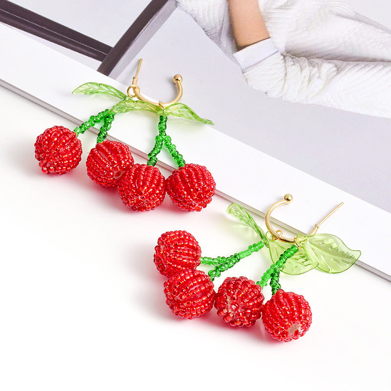 Cherry Beaded Tassel Dangle Earrings