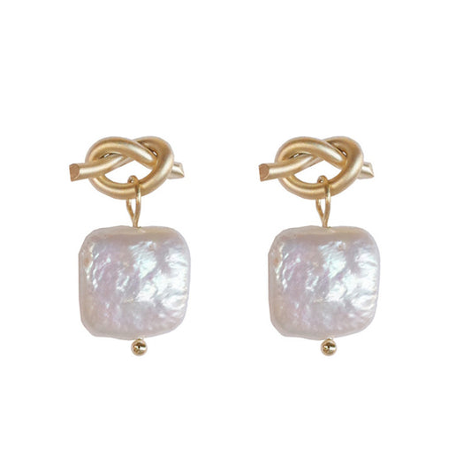 Square Pearl Gold Loop Dangle Earrings