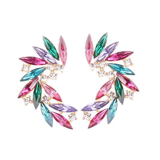 Colorful Rhinestone Feather Shape Stud Earrings
