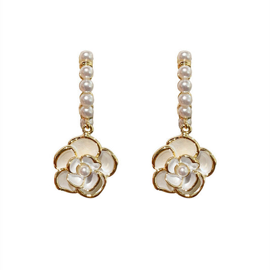 Ivory Pearl Camellia Hoop Dangle Earrings