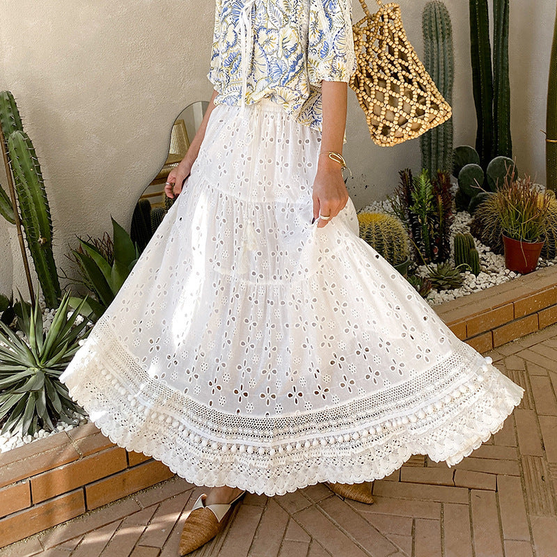 Eyelet Lace Maxi and Tassel Belt Skirt