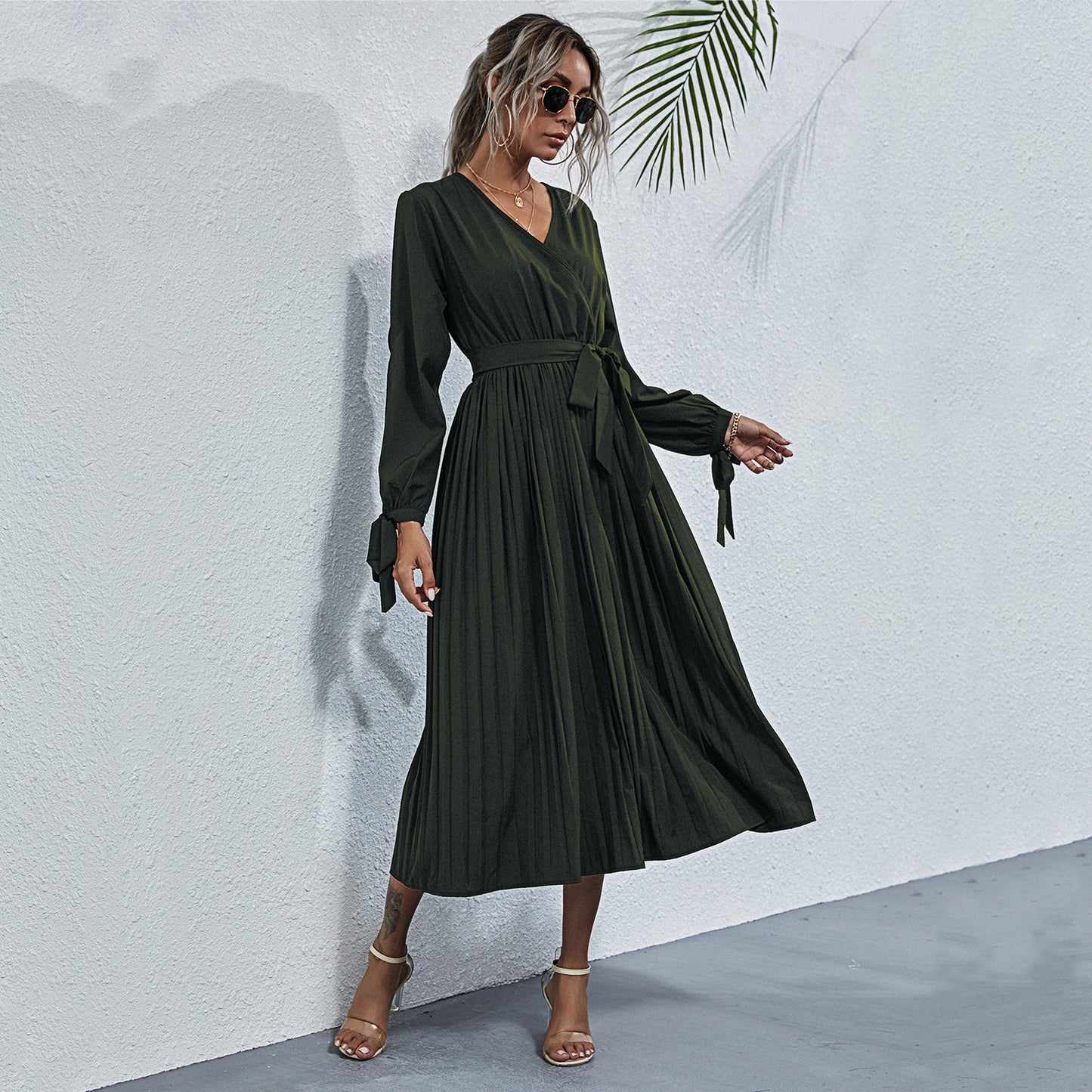 Long Sleeve Pleated Wrap Dress